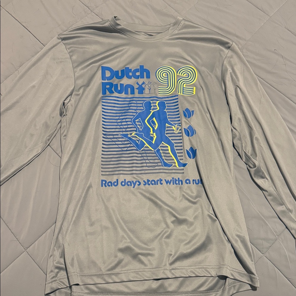 Dutch Bros Gray Graphic Tee with Blue and Yellow Accents